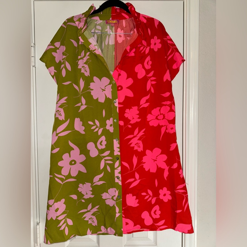 THML Two-Tone Floral Button Dress - Olive Green & Red